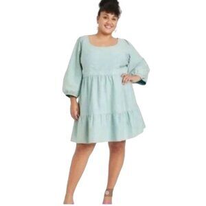 Ava & Viv womens mini dress plus size 3X teal blue color ballon sleeve nwot